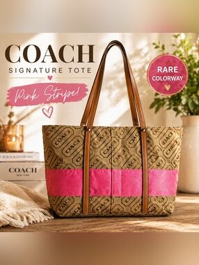 Coach Signature Logo Canvas Tote Bag Pink Stripe Brown Leather Shoulder Handbag